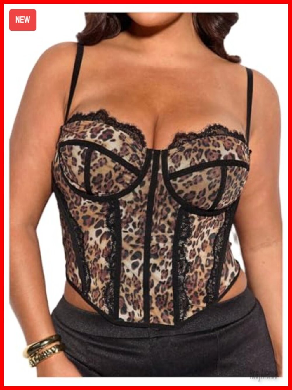 Plus Size Leopard Lace Trim Bustier Corset Crop Top Spaghetti Strap Clubwear